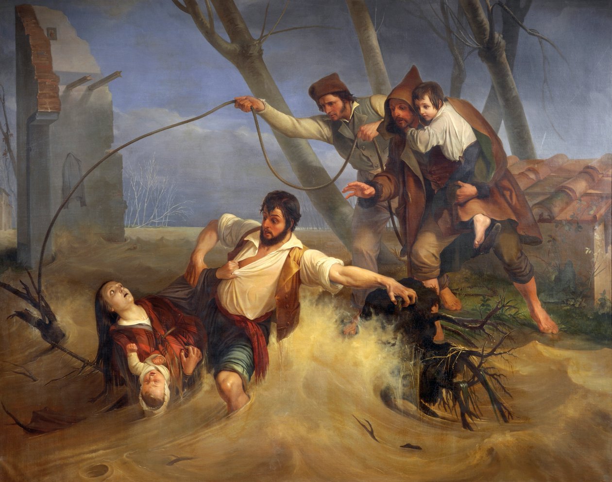 Família salva da inundação de Serchio em 1843 de Enrico Pollastrini