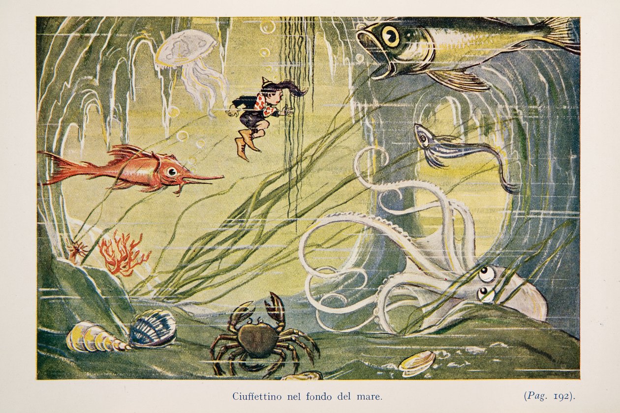 Ciuffettino no fundo do mar, ilustração de The Adventures of Ciuffettino de Enrico de Conti Novelli