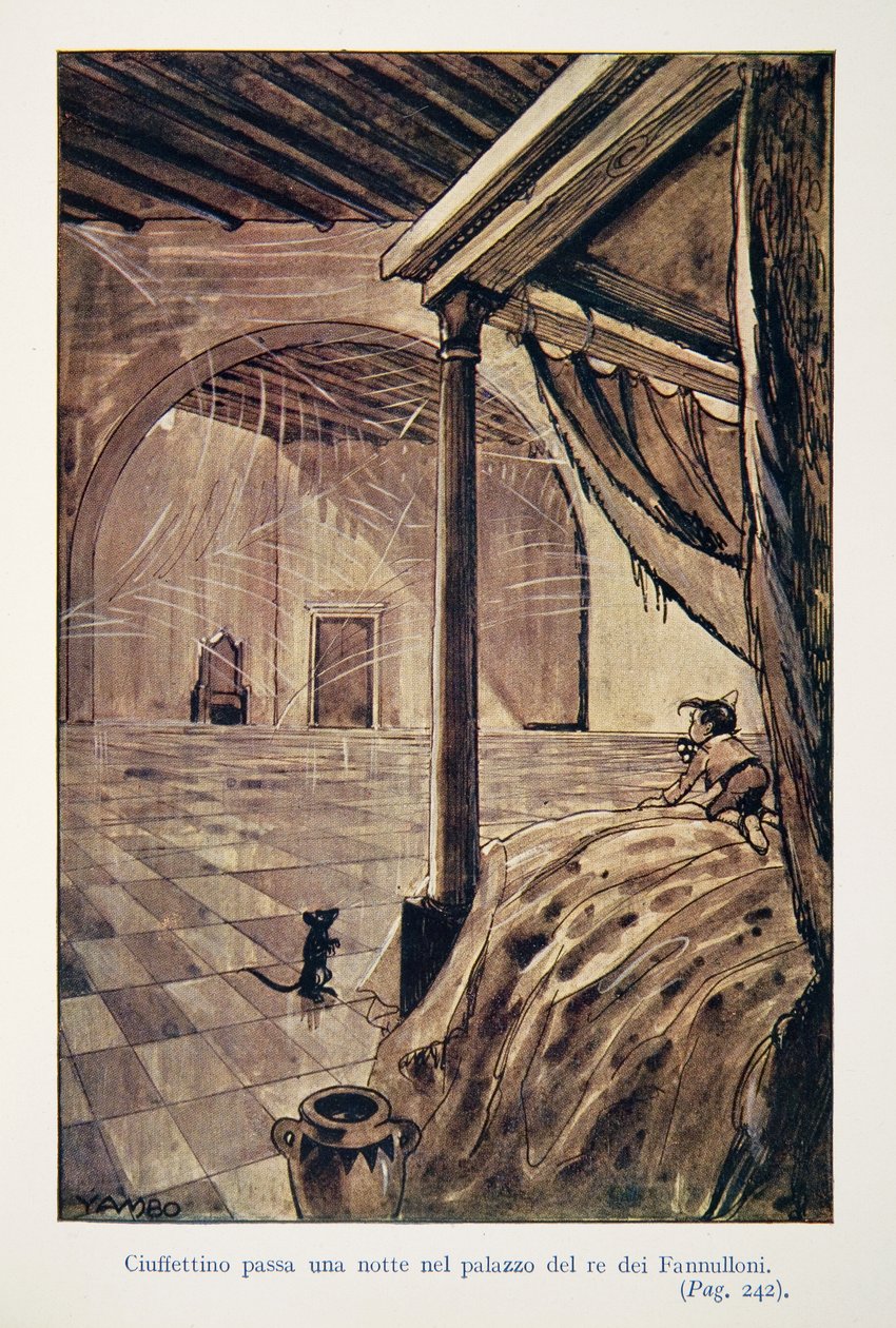 Ilustração das aventuras de Ciuffettino de Enrico de Conti Novelli