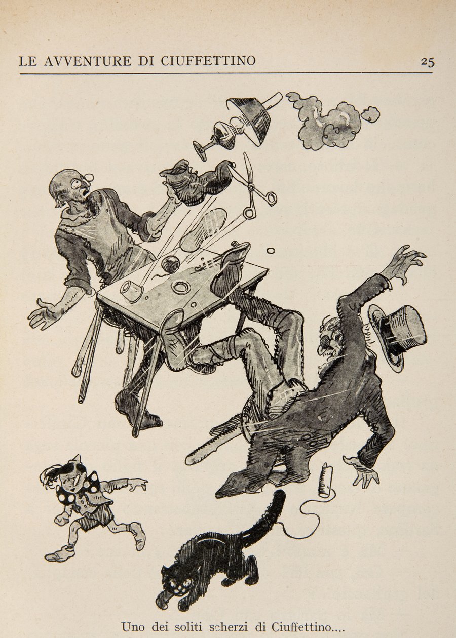 Ilustração das aventuras de Ciuffettino de Enrico de Conti Novelli