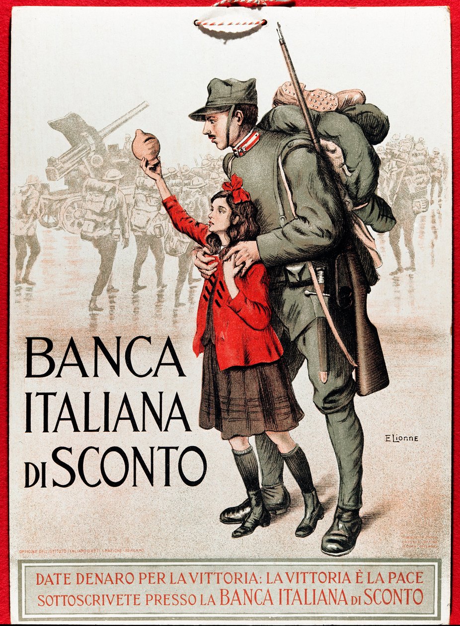 Primeira Guerra Mundial: cartaz italiano incentivando um empréstimo nacional representando um soldado com uma menina oferecendo sua lira - Ilustração de Enrico della Leonessa (Lioness) (1875-1921) de Enrico della Lionne