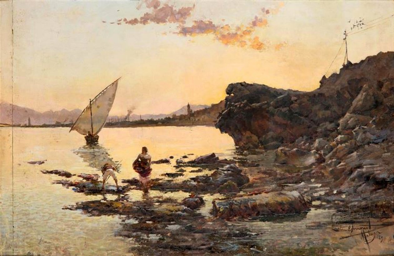 Playa de Malaga al atardecer Praia Real e crepúsculo de Enrique Simonet