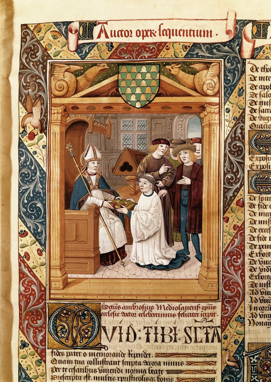 Santo Ambrósio (339-397), arcebispo de Milão, apresenta suas obras a um parente, das "Obras de Santo Ambrósio (vol.1)" de Enrique de Bellorto