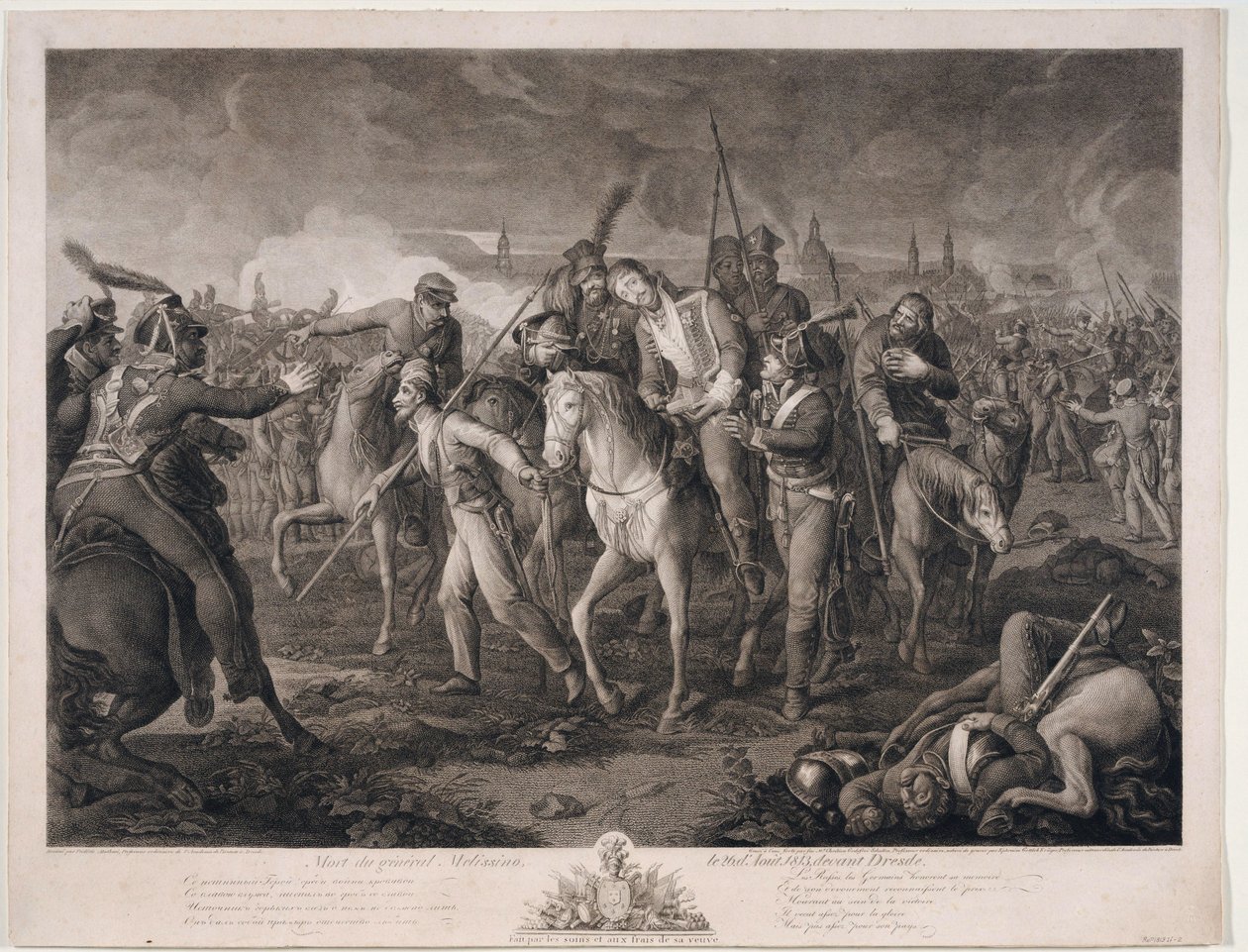 Mort du General Alexis Melissin (1759-1813) em Dresde, en 1813 - Morte do General Aleksey Melissino em 26 de agosto de 1813 - Krueger, Ephraim Gottlieb (1756-1834) - 1813 - Água-forte - 68,4x88,8 - Coleção Particular de Ephraim Gottlieb Krüger