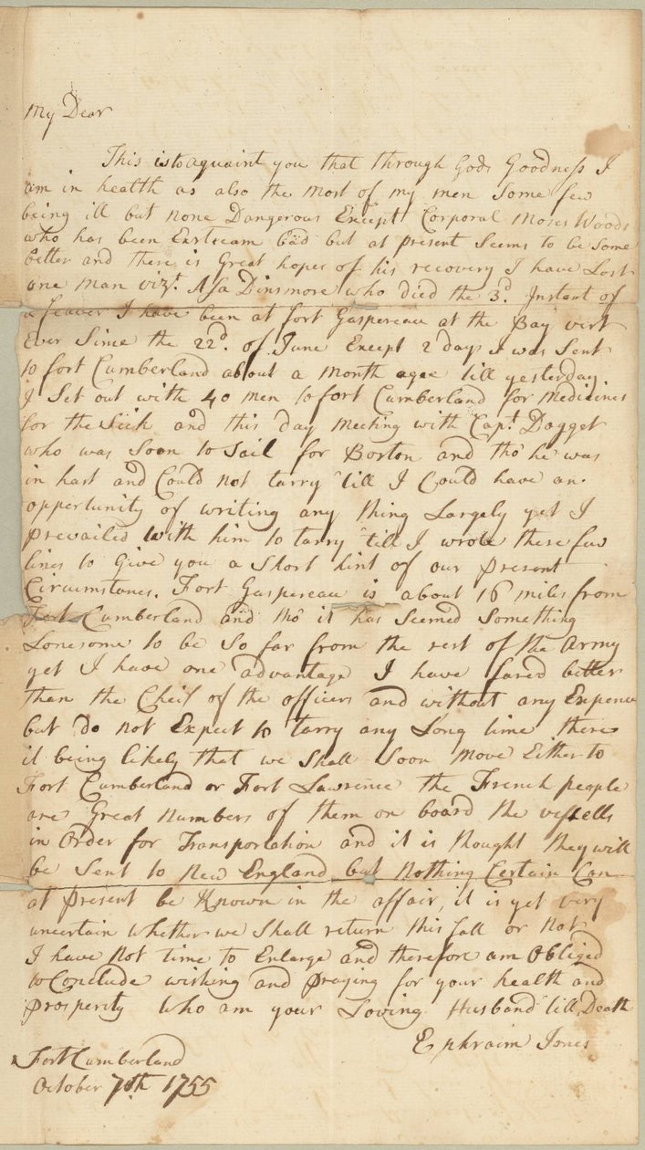Carta a Allice Jones, Concord, Massachusetts, 7 de Outubro de 1755 (caneta e tinta sobre papel) de Ephraim Jones