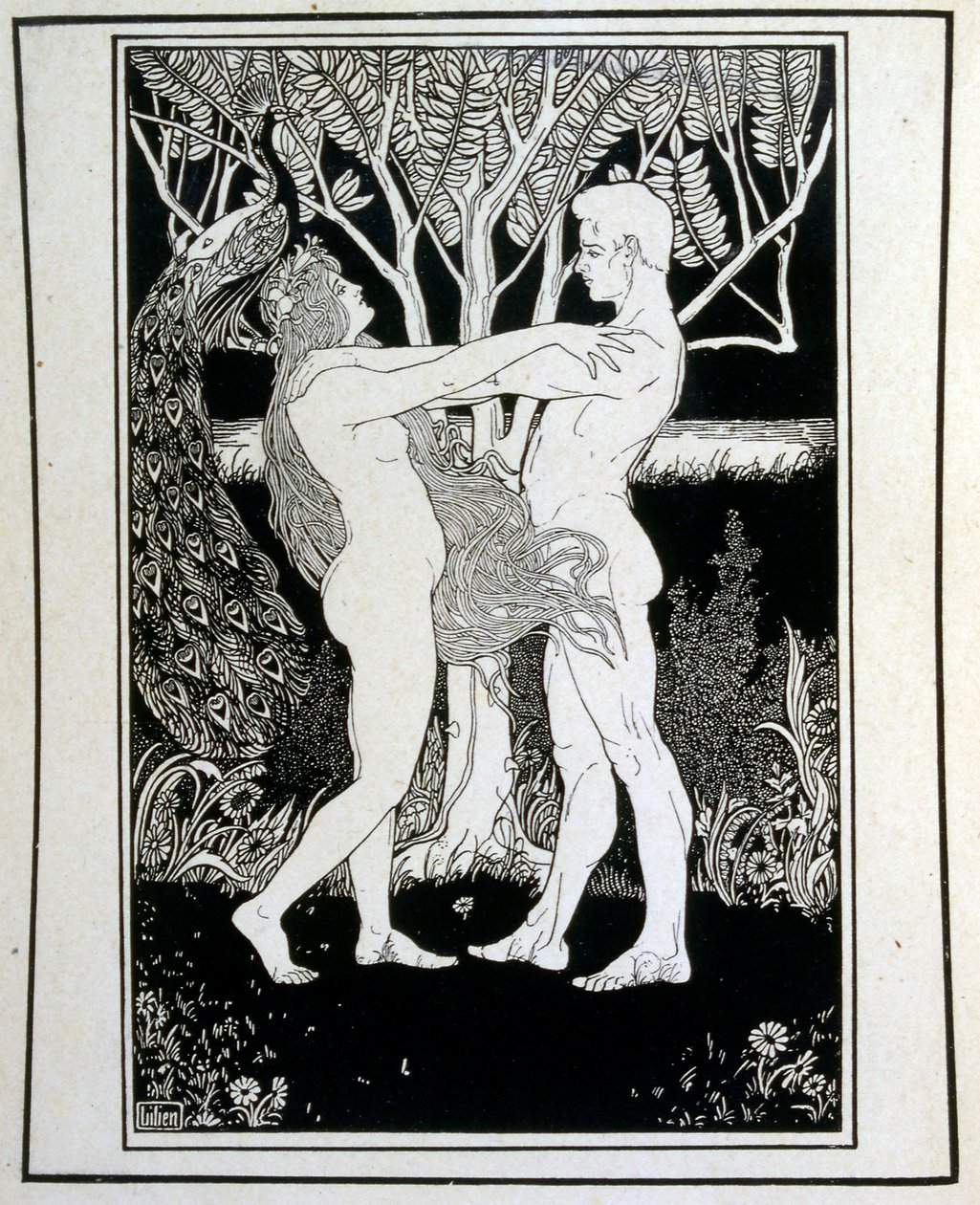 Adão e Eva (inocência), do livro Judá ilustrado por Efraim Moses Lilien (1874-1925). Lilian é considerado o pai da iconografia sionista, criada no estilo Jugendstil (art nouveau alemão). Ele ilustrou