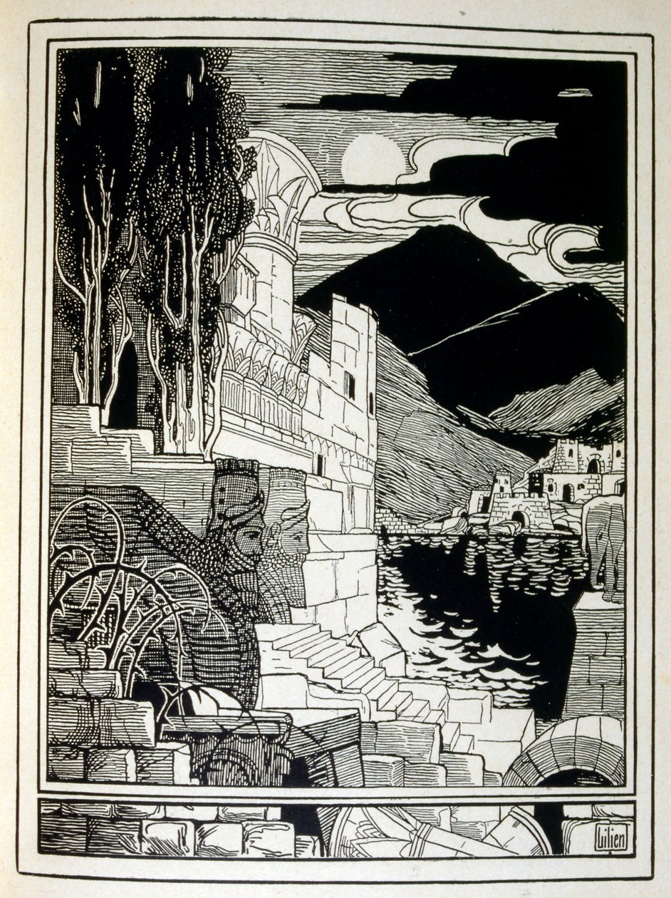 As ruínas de Sodoma, do livro Judá ilustrado por Efraim Moses Lilien (1874-1925). Lilian é considerado o pai da iconografia sionista, criada no estilo Jugendstil (art nouveau alemão). Ele ilustrou