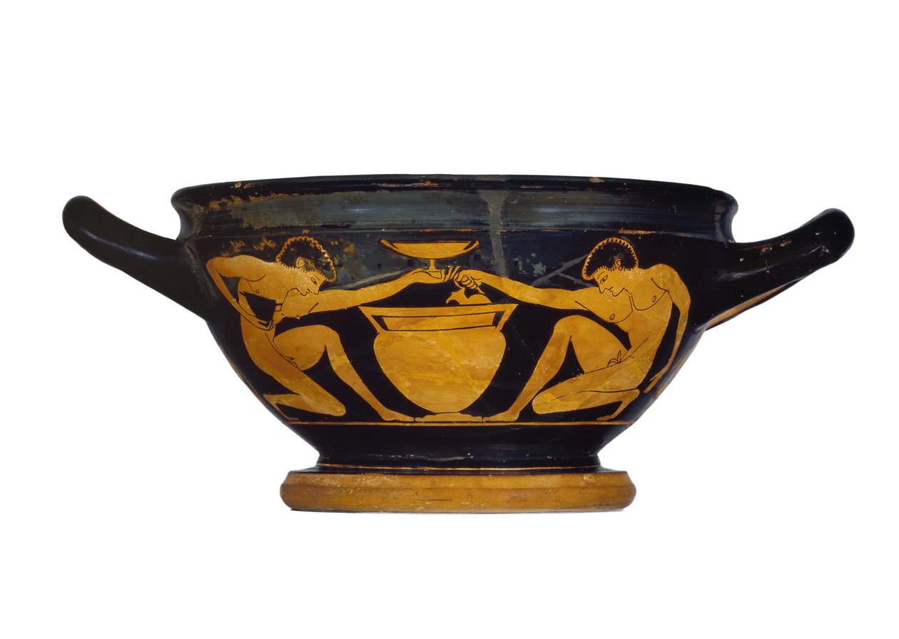 Cúpula-skyphos ática de figuras vermelhas, decorada com dois jovens nus ajoelhados junto a uma coluna de cratera, c.520-500 aC (cerâmica) de Epiktetos