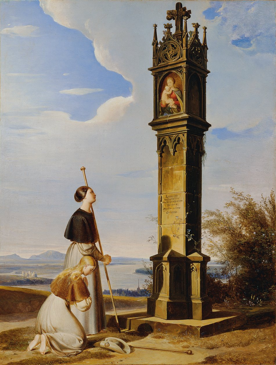 Dois peregrinos em frente a um santuário à beira do caminho ("Ave Maria") de Erasmus von Engert