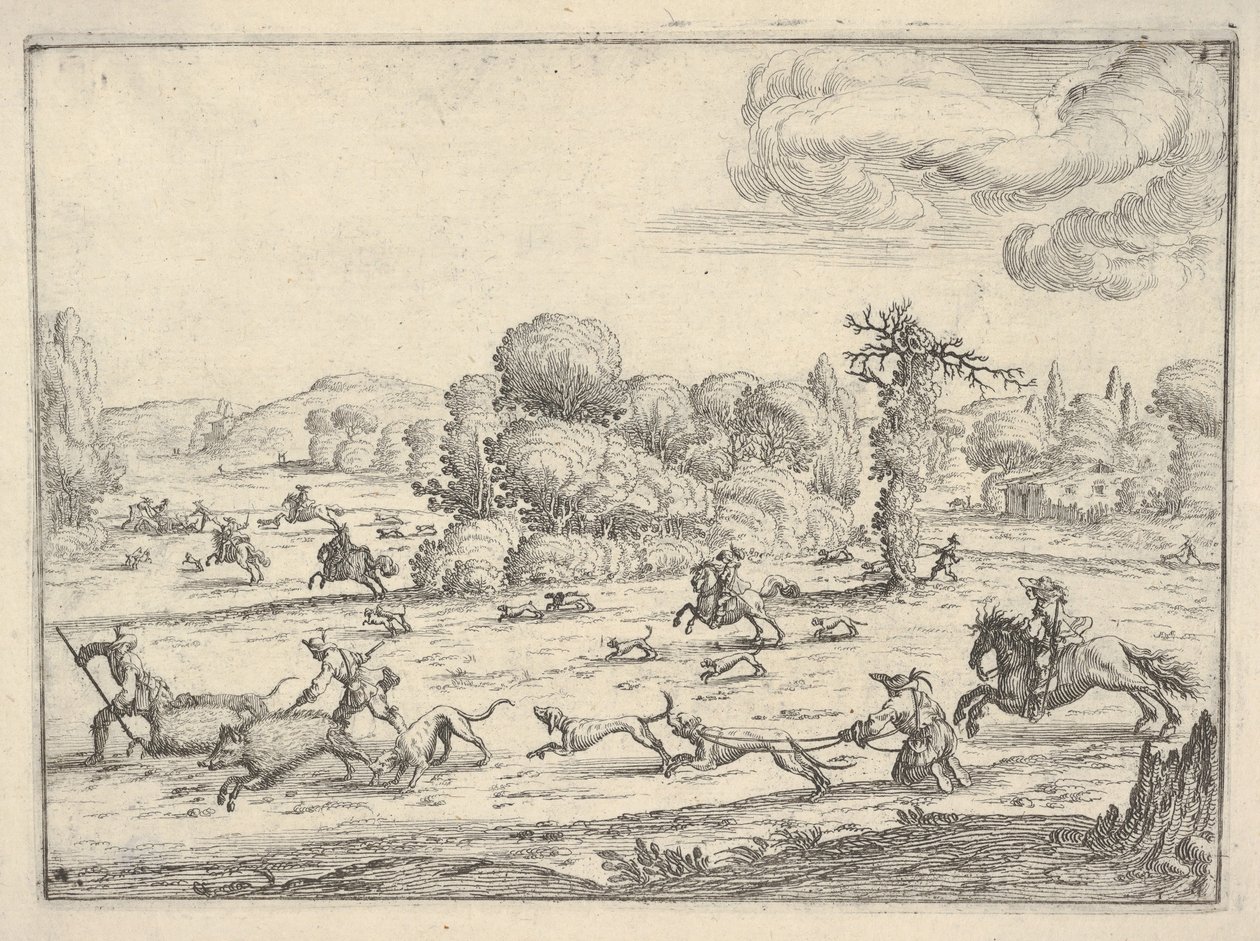 Caça ao javali em uma paisagem, ca. 1620-38. de Ercole Bazicaluva