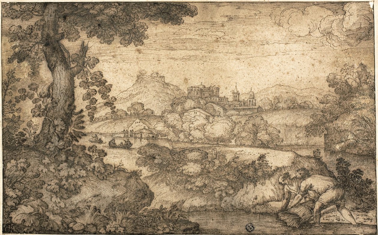 Paisagem com figuras vinculando trigo em primeiro plano de Ercole Bazicaluva