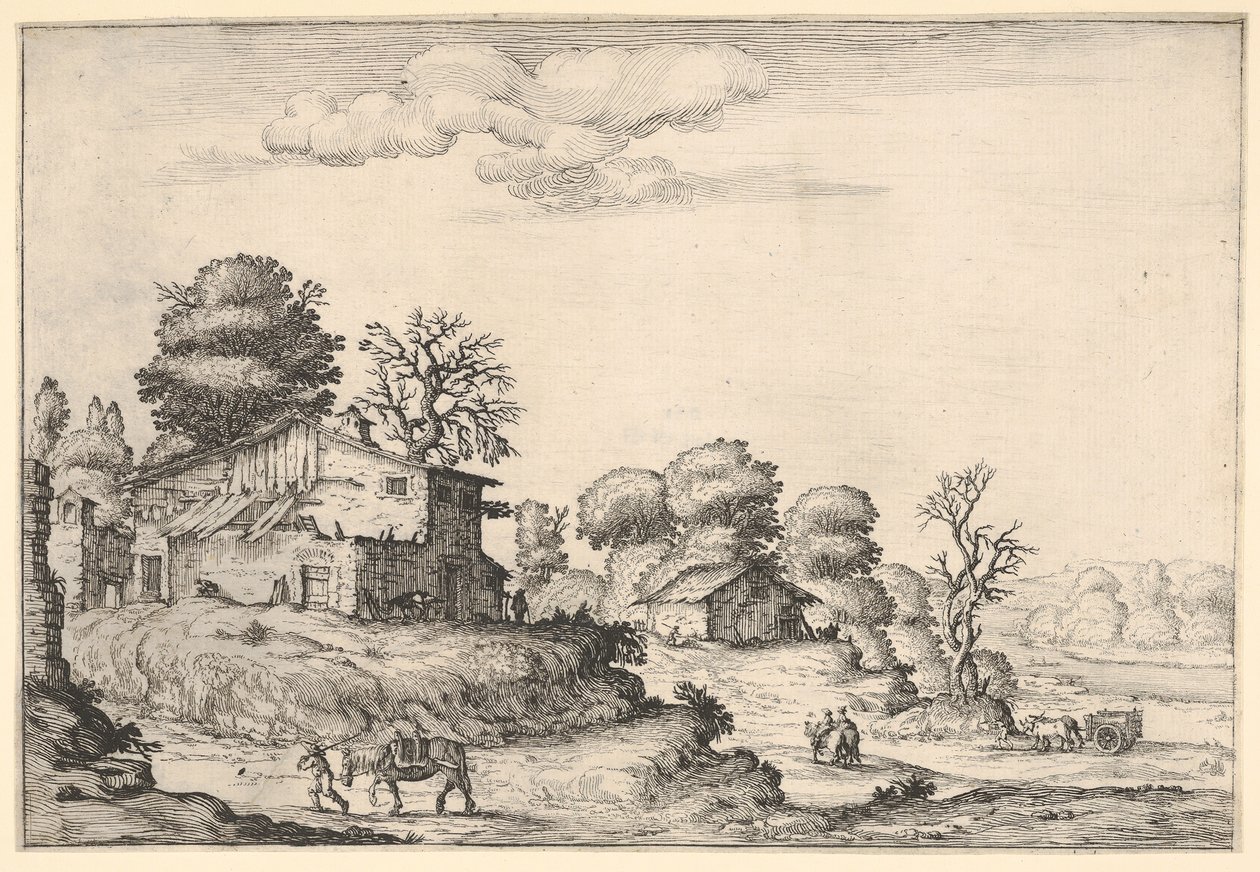 Paisagem com habitações camponesas e um homem conduzindo um cavalo em primeiro plano esquerdo, de um ..., 1638. de Ercole Bazicaluva