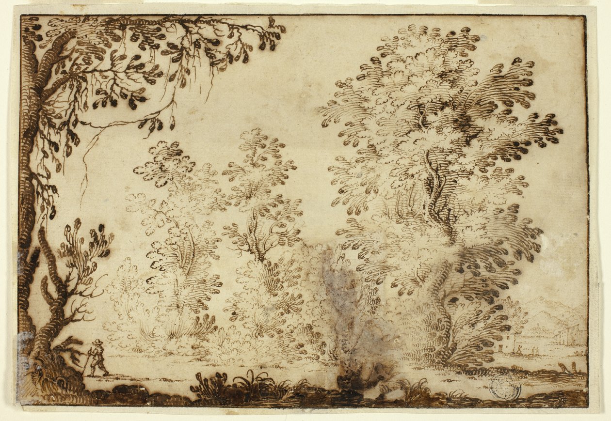 Paisagem arborizada com um viajante em primeiro plano de Ercole Bazzicaluva