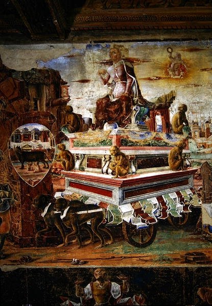 Detalhe da Carruagem da Maia, de Setembro: O Triunfo de Vulcano, da Sala dos Meses, 1467-70 de Ercole de Roberti