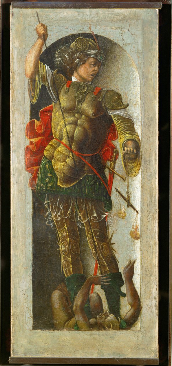 São Miguel, coluna de um altar para São Vicente Ferrier, pintado para Bolonha por Francesco Cossa ... de Ercole de Roberti