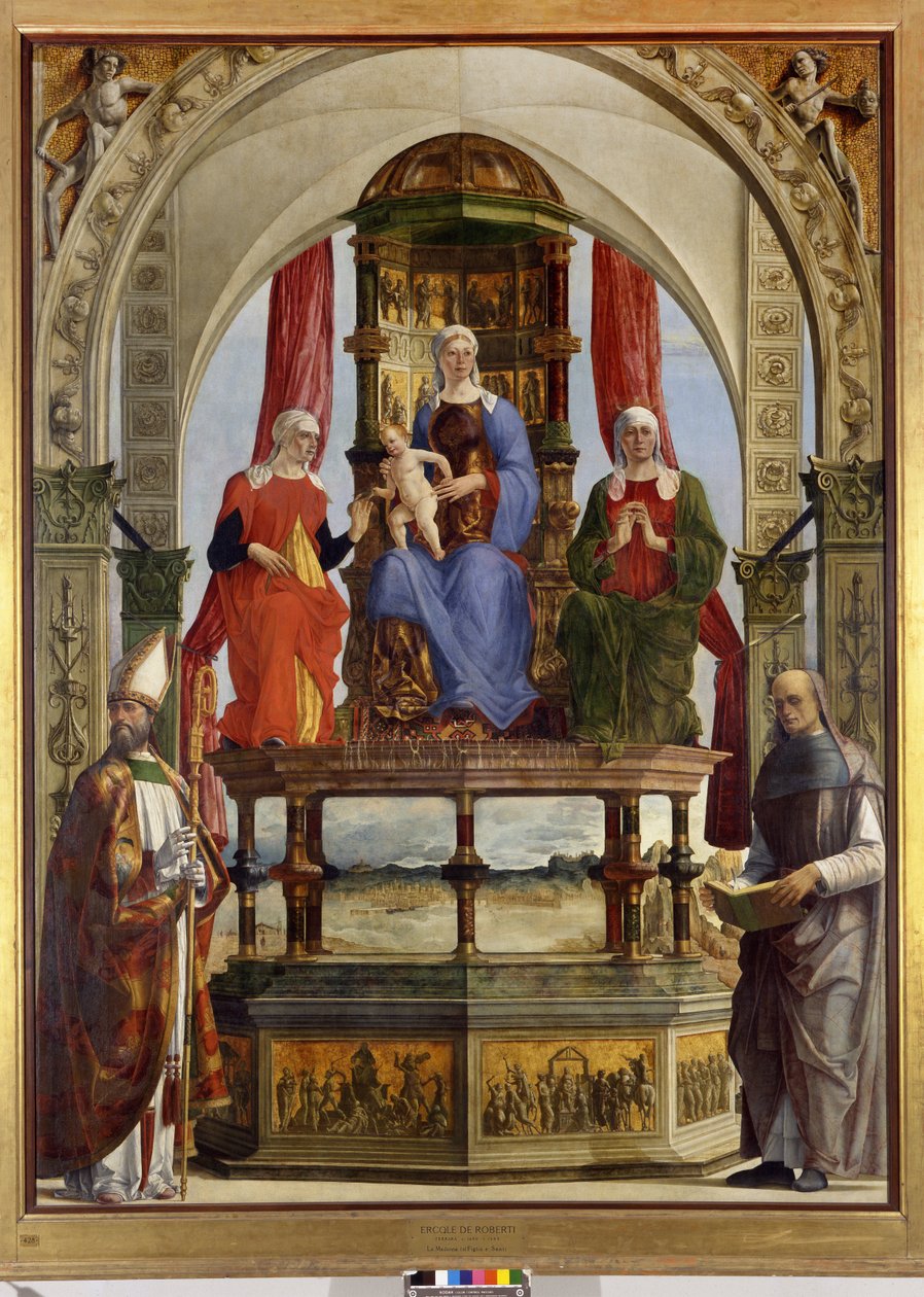 Virgem Entronizada com o Menino, Santos Ana, Isabel, Agostinho e Bem-aventurado Pietro degli Onesti, 1479-91 de Ercole de Roberti