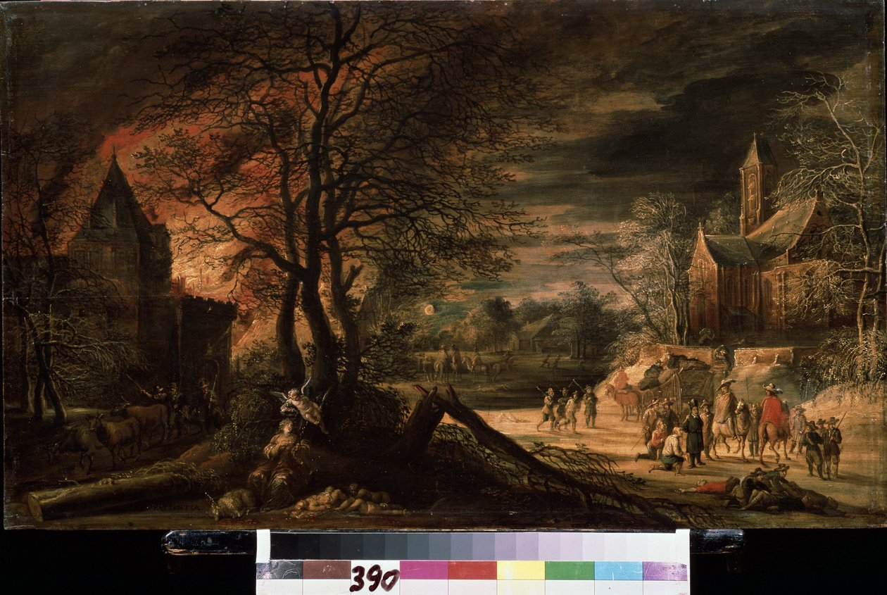 ""Alegoria da paciência"" (Alegoria da paciência) Um país em guerra, cadáveres espalhados pelo chão, um fogo à esquerda, paisagem apocalíptica. Pintura de Ergo Enghelbert (1620-por volta de 1667) Museu Pushkin do século XVII, Moscou de Ergo Enghelbert