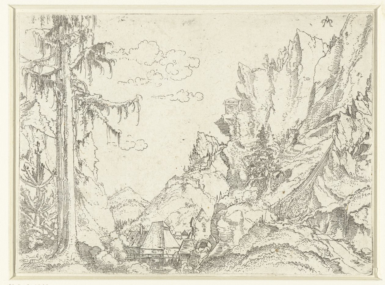 Paisagem com uma aldeia em vale rochoso de Erhard Altdorfer
