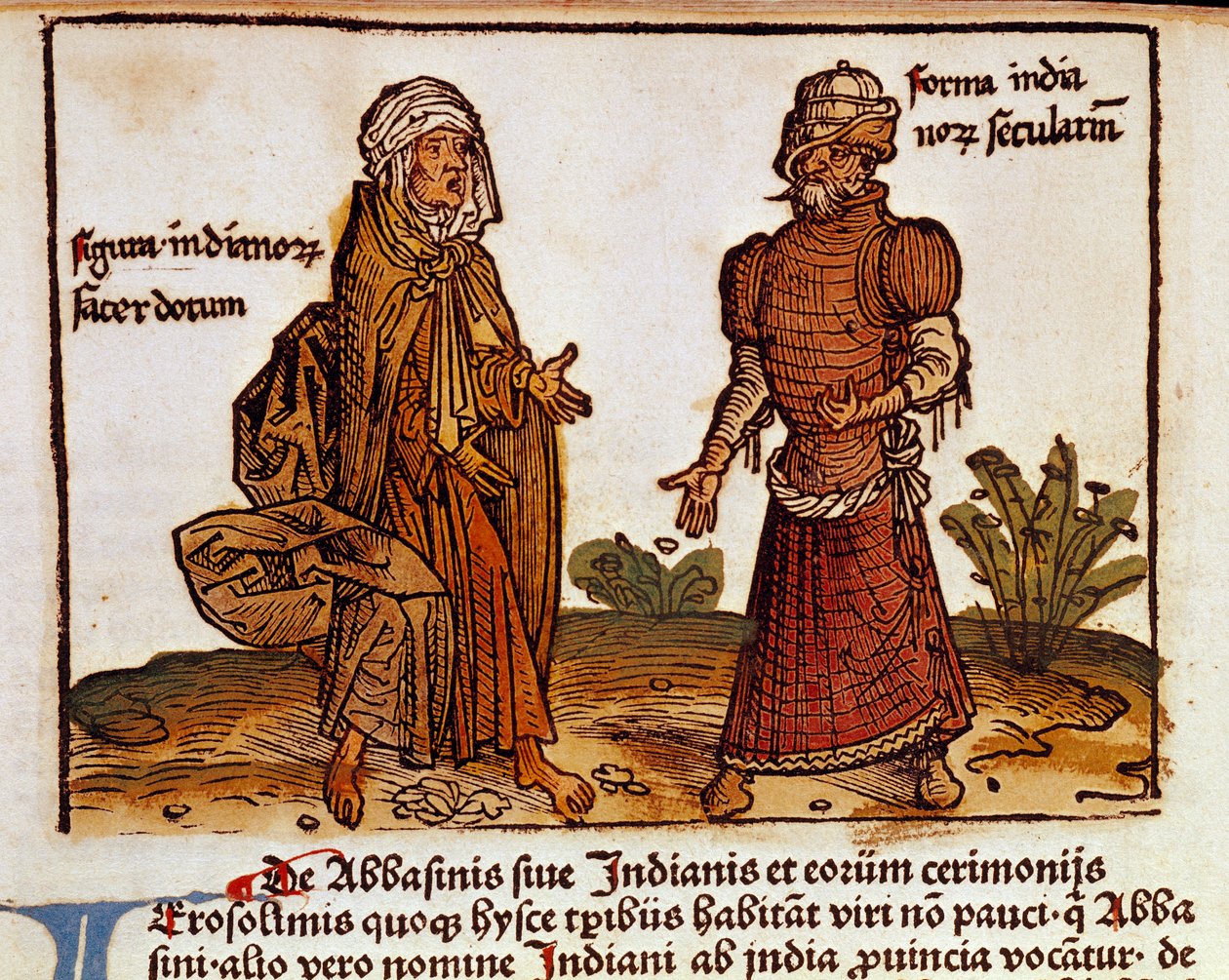 Descrição dos trajes albaneses: um padre e uma página laica retirada do livro de viagem "peregrinatio in terram sanctam" após a peregrinação na Terra Santa de Bernard de Breydenbach (Breidenbach) (1454-1497) ilustrada por estampas de Erhard Reuwich de Erhard Reuwich