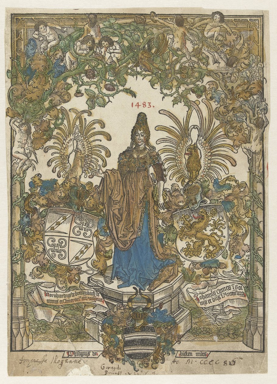 Frontispícios com uma mulher em um pedestal com armas de Bernhard von Breydenbach e Johannes Comes in a frame de Erhard Reuwich