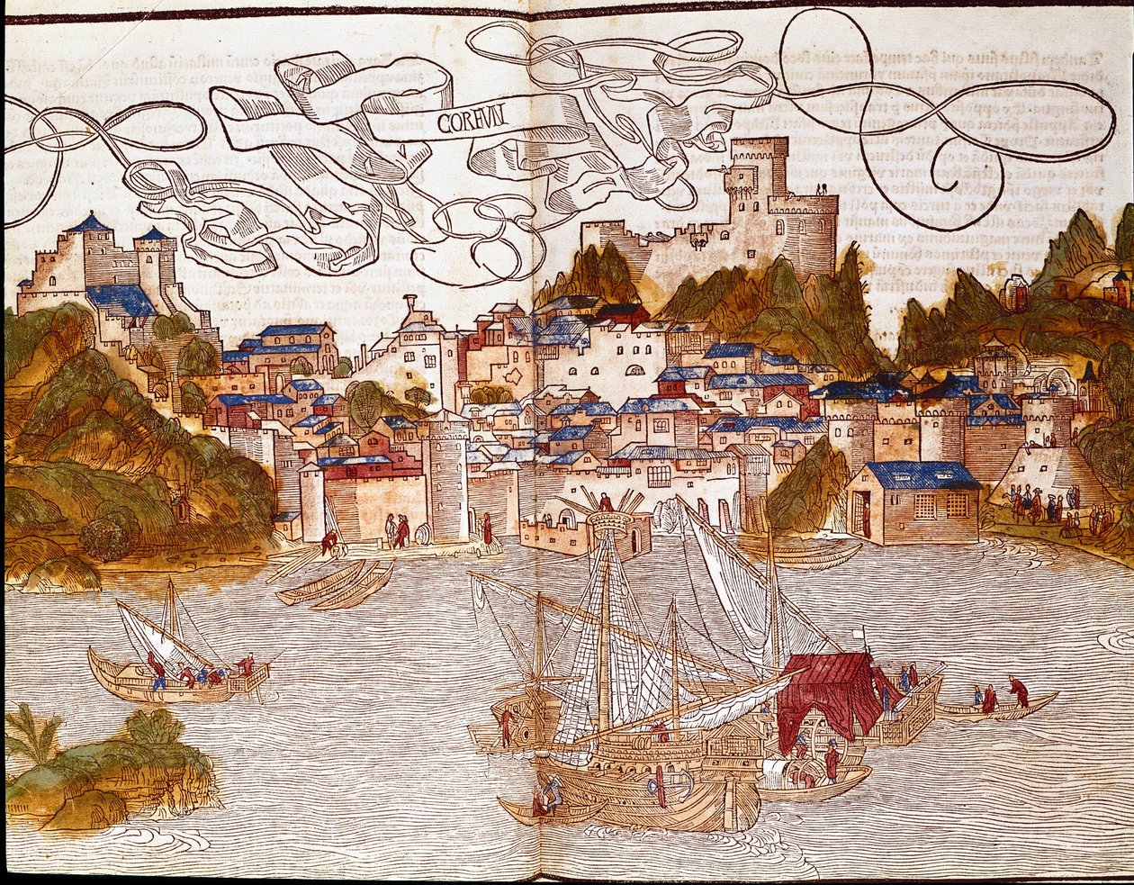 O porto de Corfu (Corfu) na Grécia Página retirada do livro de viagem "Peregrinatio in terram sanctam" após a peregrinação na Terra Santa de Bernard de Breydenbach (Breidenbach) (1454-1497) ilustrada com gravuras de Erhard Reuwich de Erhard Reuwich