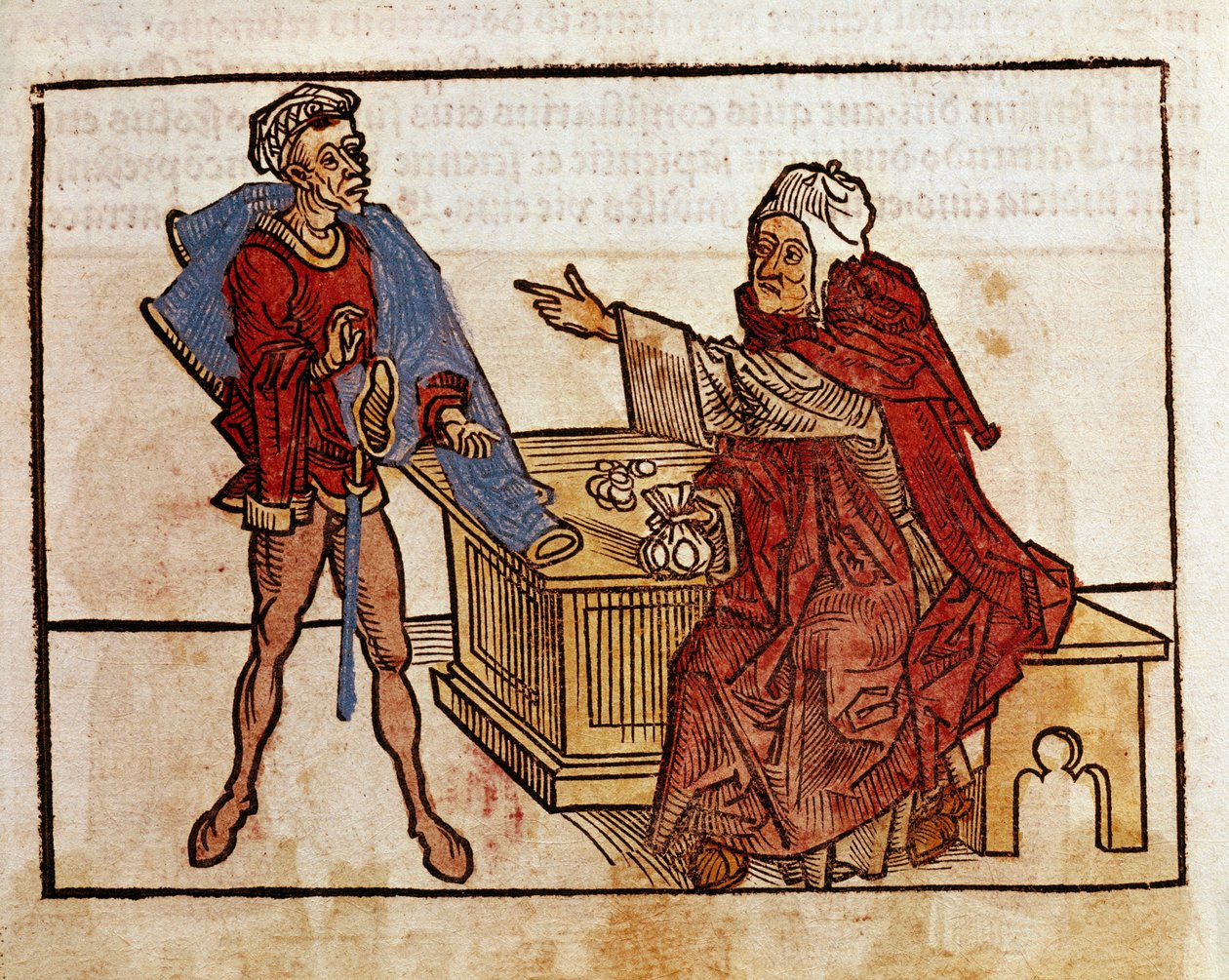 Transação entre um judeu e um agiota Página retirada do livro de viagem "peregrinatio in terram sanctam" após a peregrinação na Terra Santa de Bernard de Breydenbach (Breidenbach) (1454-1497) ilustrada por gravuras de Erhard Reuwich de Erhard Reuwich