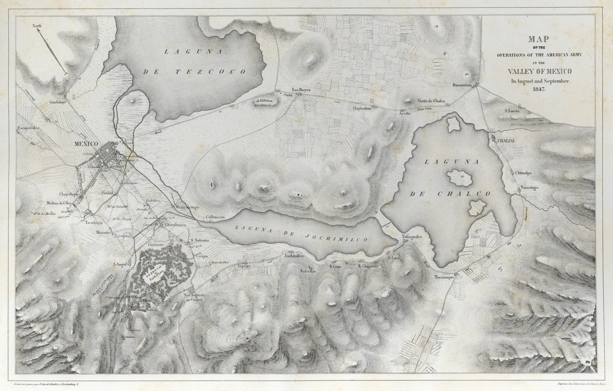 Mapa das operações do exército americano no vale do México em agosto e setembro de 1847 durante a guerra mexicano-americana. de Erhard Schieble