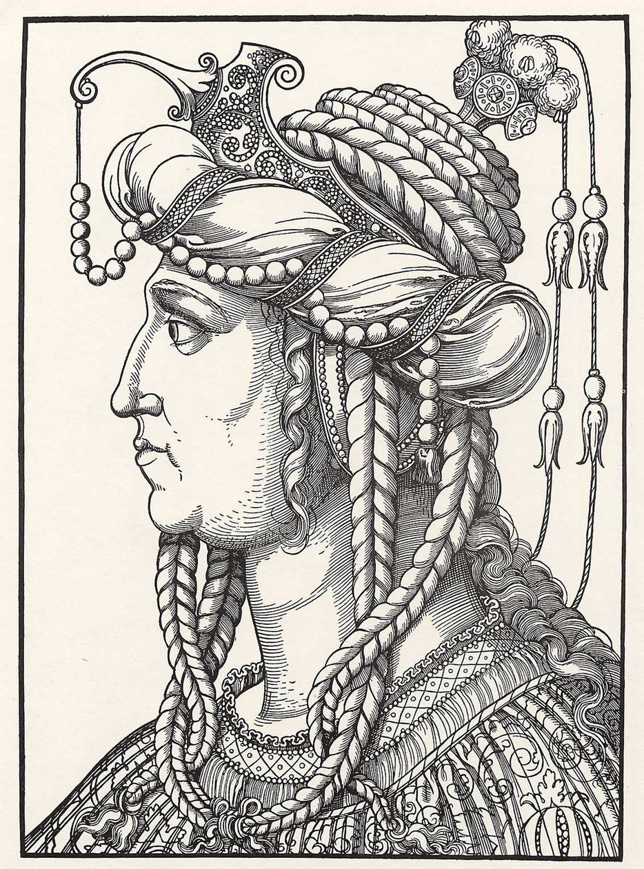 "Retrato de Sultana Roxelane (Russelazie (a Rutheniana), ou Hurrem (nee Anastasia Lisovska, ca. 1500-1558) esposa do Sultão Suleiman o Magnífico" Gravura em madeira de Erhard Schoen (1491-1592) ca. 1532 Museu Herzogliches Gotha de Erhard Schon