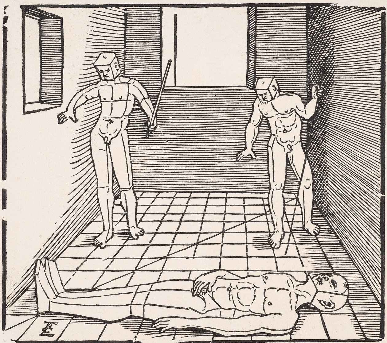 Três figuras masculinas em uma sala De: Unnderweissung der Proportzion de Erhard Schon