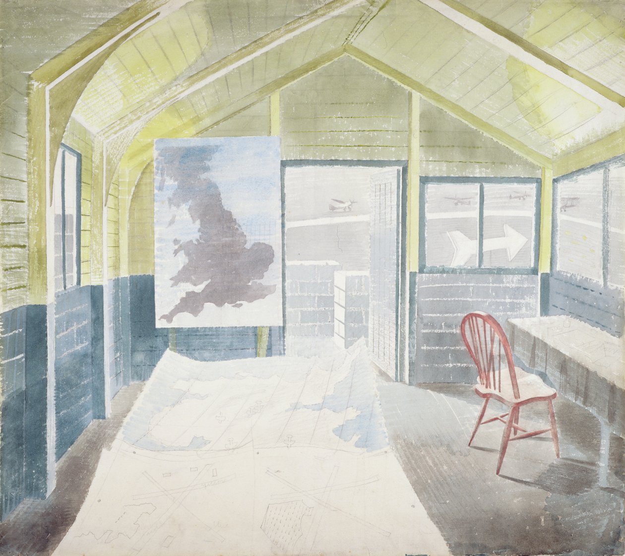 A sala de operações (grafite e wc no papel) de Eric Ravilious