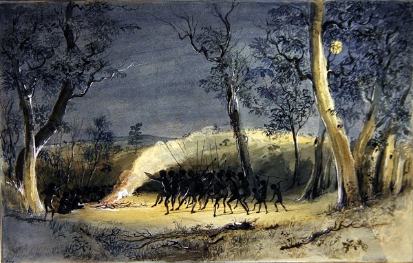 A Native Corroboree at Night (lápis, aquarela e goma arábica sobre papel) de Eric Gill
