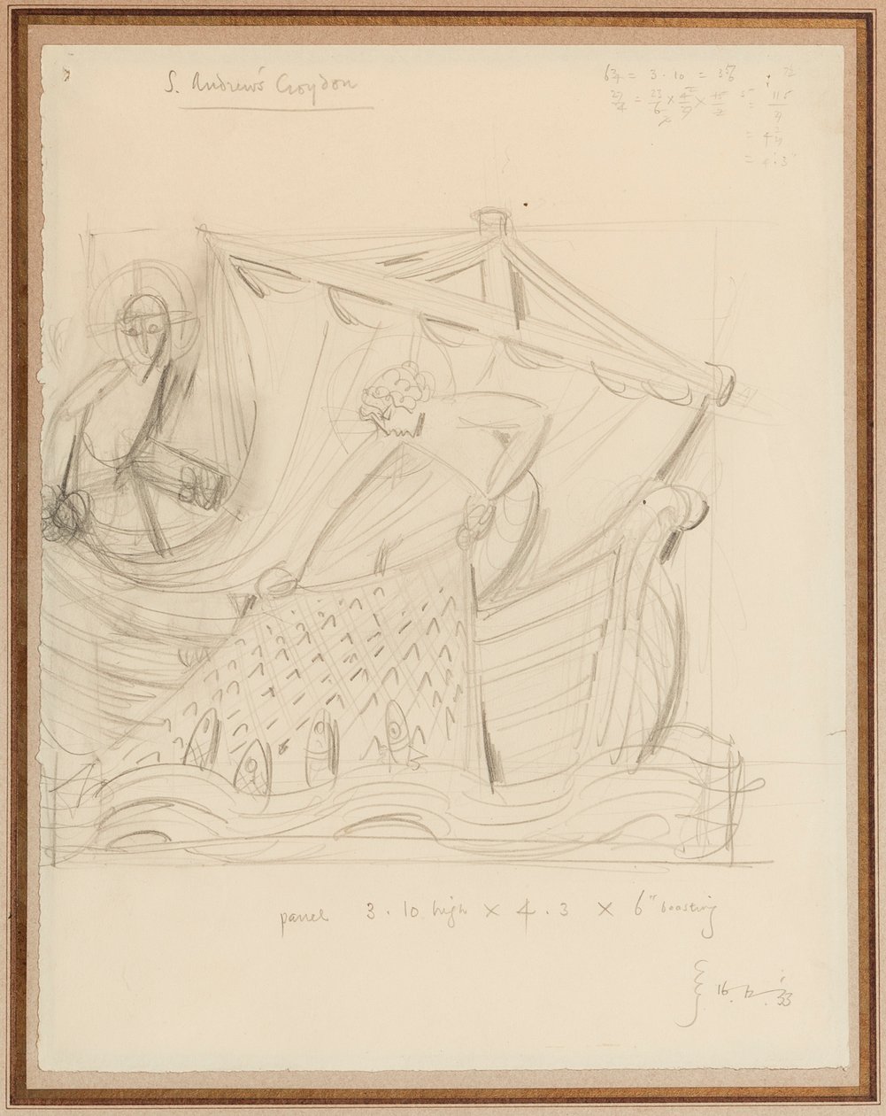 Cristo e a miraculosa corrente de ar dos peixes, Dezembro de 1933 (lápis sobre papel) de Eric Gill
