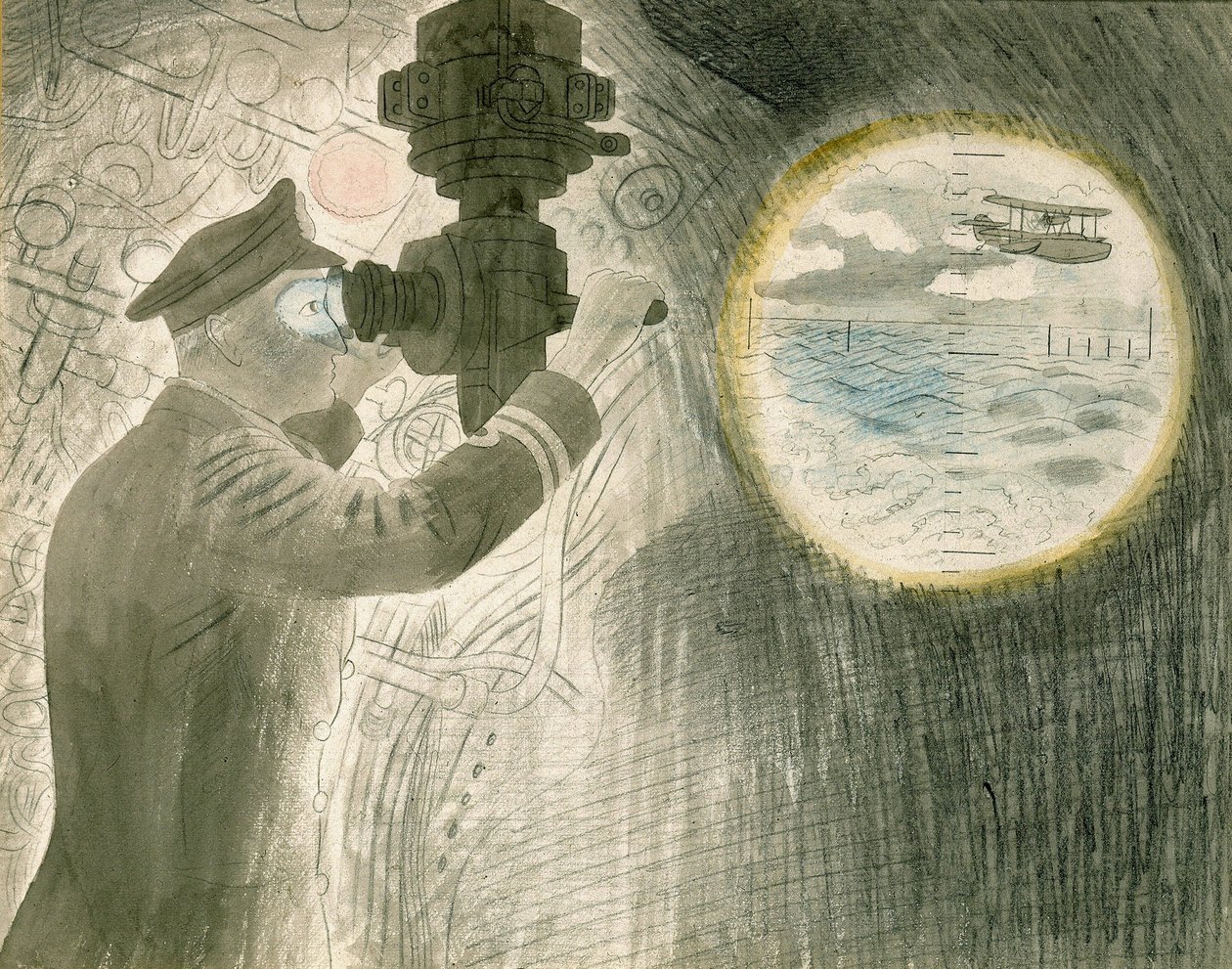 Um oficial de submarino (submarino) a olhar através do periscópio. Aguarela e lápis sobre papel de Eric Ravilious