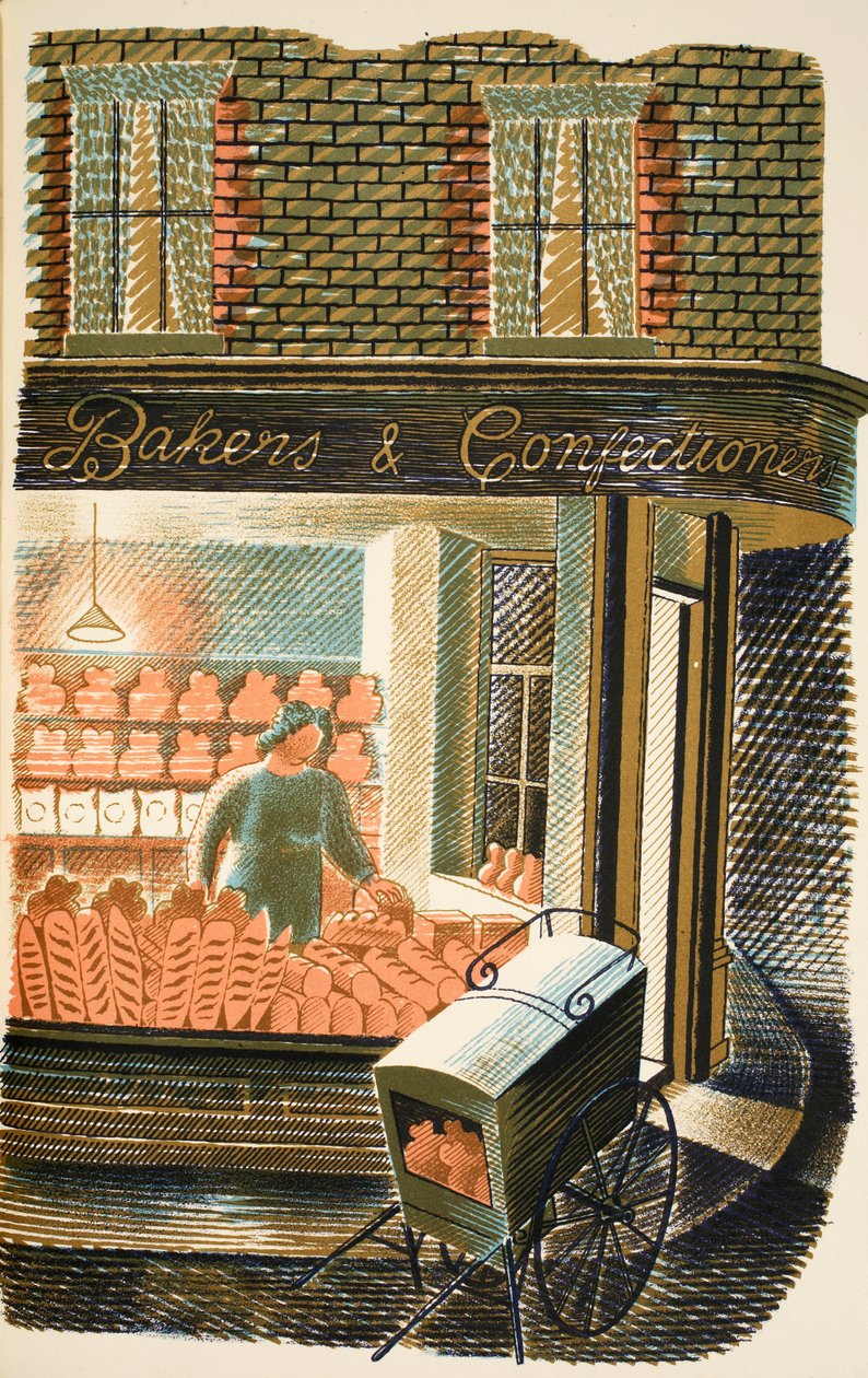 Baker and Confectioner, ilustração de "High Street", de JM Richards, impressa pela Curwen Press, pub. pela vida do país, 1938 de Eric Ravilious