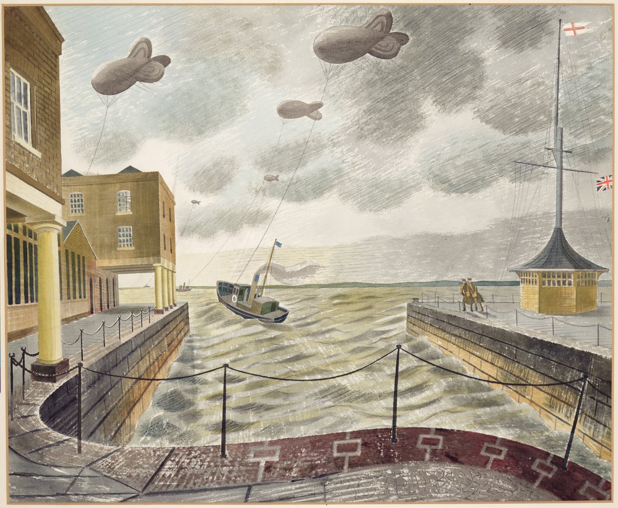 Balões de barragem fora de um porto britânico (lápis e aquarela sobre papel) de Eric Ravilious