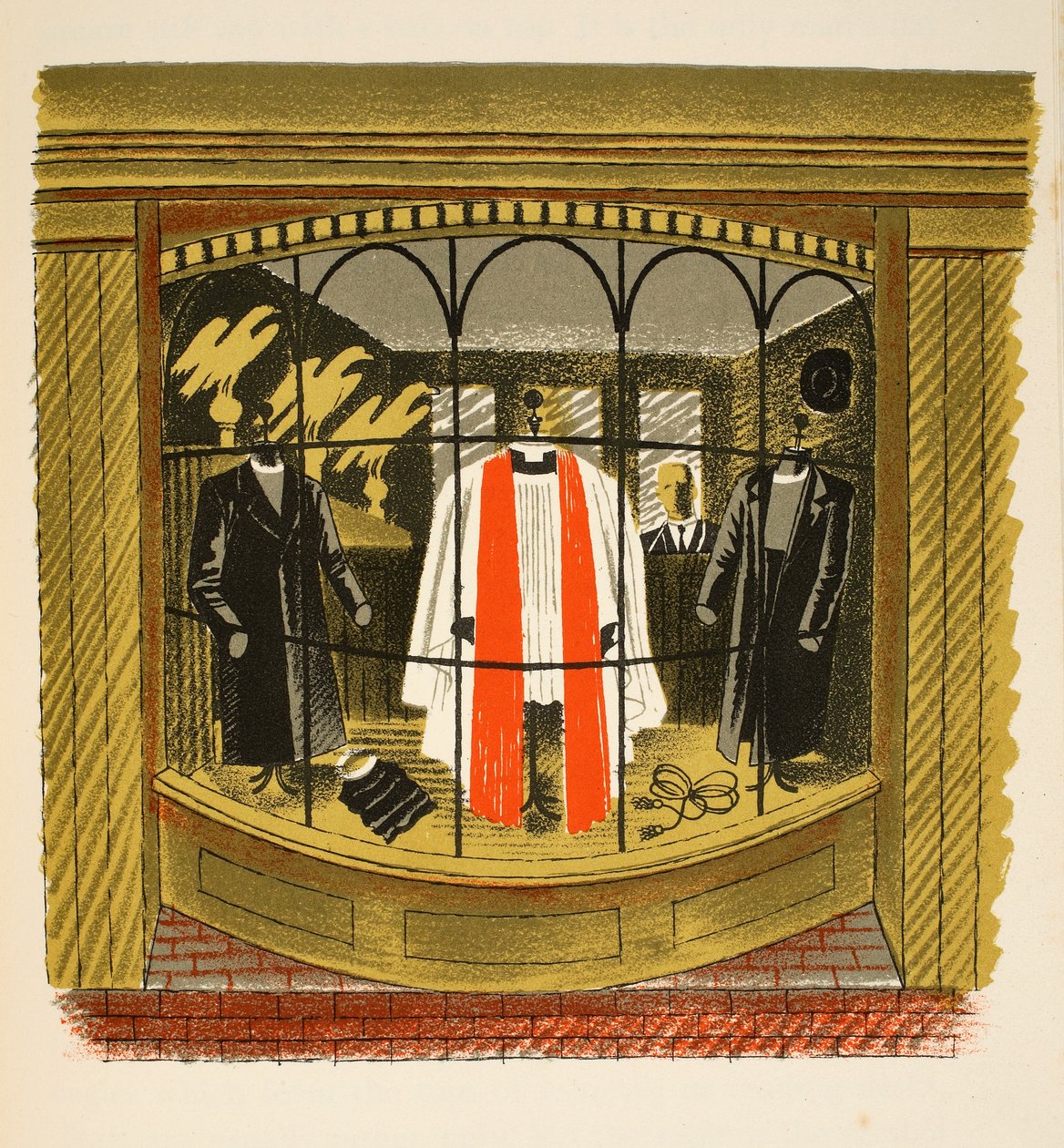 Clerical Outfitter, ilustração de "High Street", de JM Richards, impressa pela Curwen Press, pub. pela vida do país, 1938 de Eric Ravilious