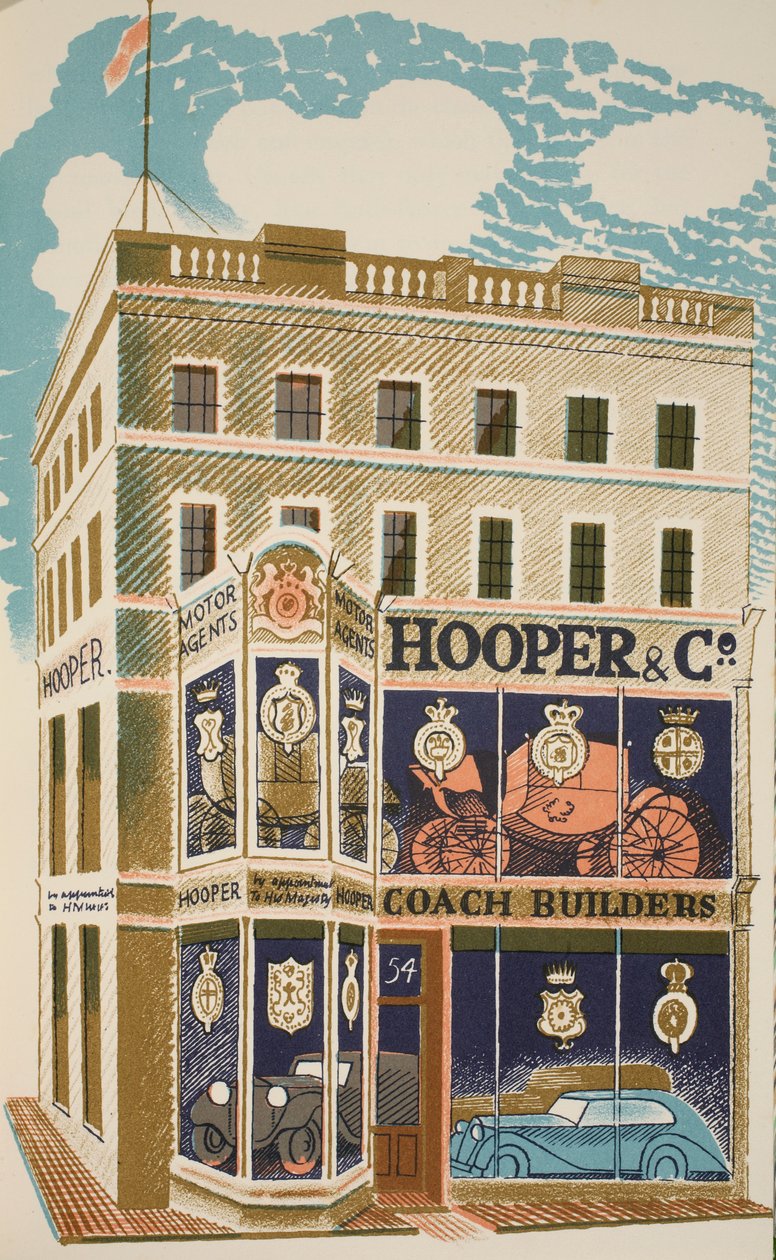 Construtor de ônibus, ilustração de &39;High Street&39; por JM Richards, impressa pela Curwen Press, pub. pela vida do país, 1938 de Eric Ravilious