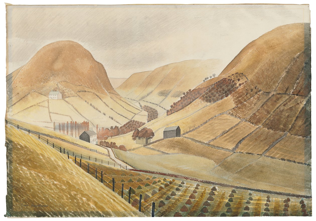 Stooks de milho e fazendas - Hill Farm, Capel-yffin, País de Gales, 1938 de Eric Ravilious