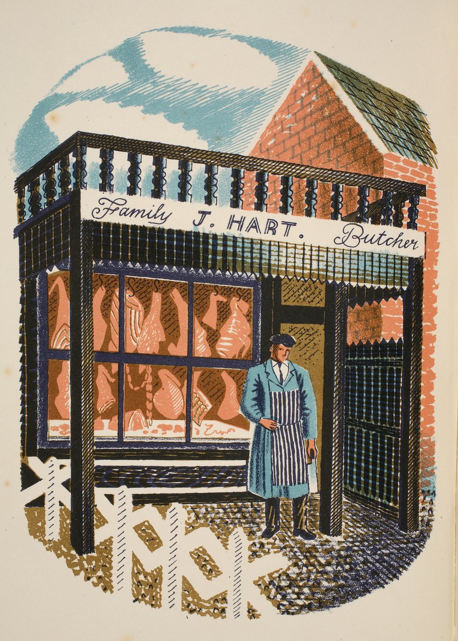 Family Butcher, ilustração de &39;High Street&39; de JM Richards, impressa pela Curwen Press, pub. pela vida do país, 1938 de Eric Ravilious