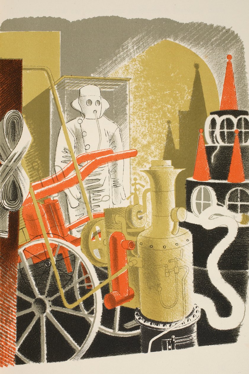 Fire Engineer, ilustração de &39;High Street&39; por JM Richards, impressa pela Curwen Press, pub. pela vida do país, 1938 de Eric Ravilious
