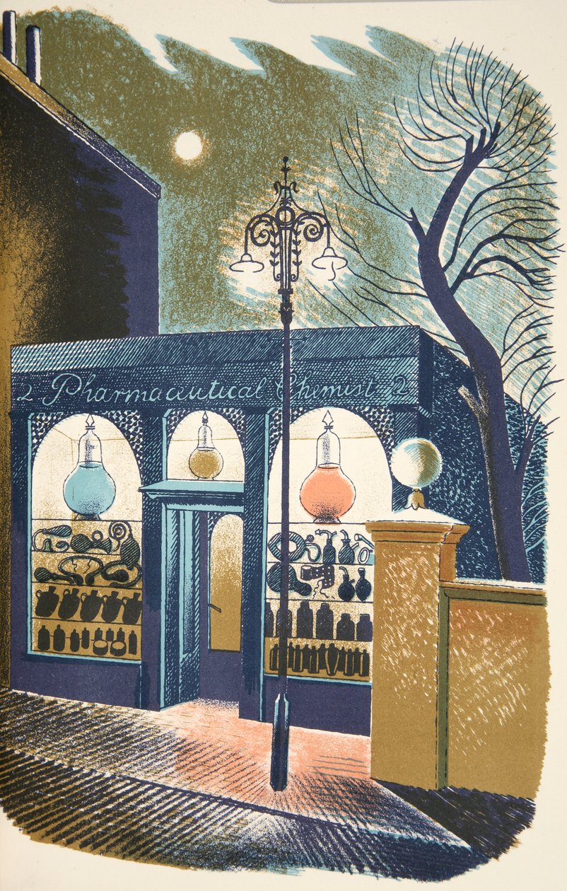Farmácia, ilustração de "High Street", de JM Richards, impressa pela Curwen Press, pub. pela vida do país, 1938 de Eric Ravilious
