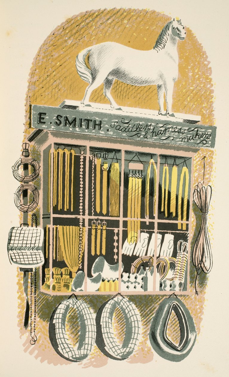 Saddler and Harness Maker, ilustração de "High Street" de JM Richards, impressa pela Curwen Press, pub. pela vida do país, 1938 de Eric Ravilious