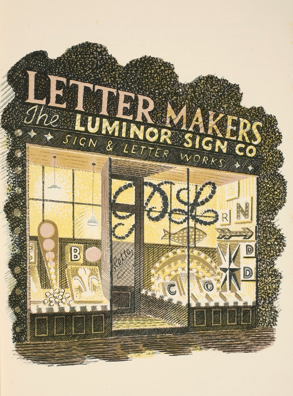 Sign Maker, ilustração de &39;High Street&39; por JM Richards, impressa pela Curwen Press, pub. pela vida do país, 1938 de Eric Ravilious