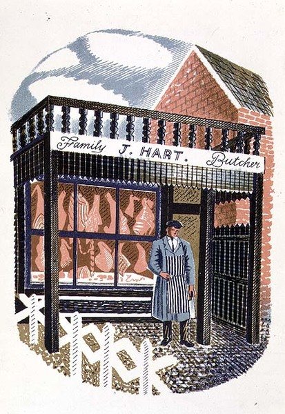 The Butchers Shop, impresso pela Curwen Press, de High Street, por JM Richards, publicado pela Country Life, 1938 (conjunto de 24) de Eric Ravilious