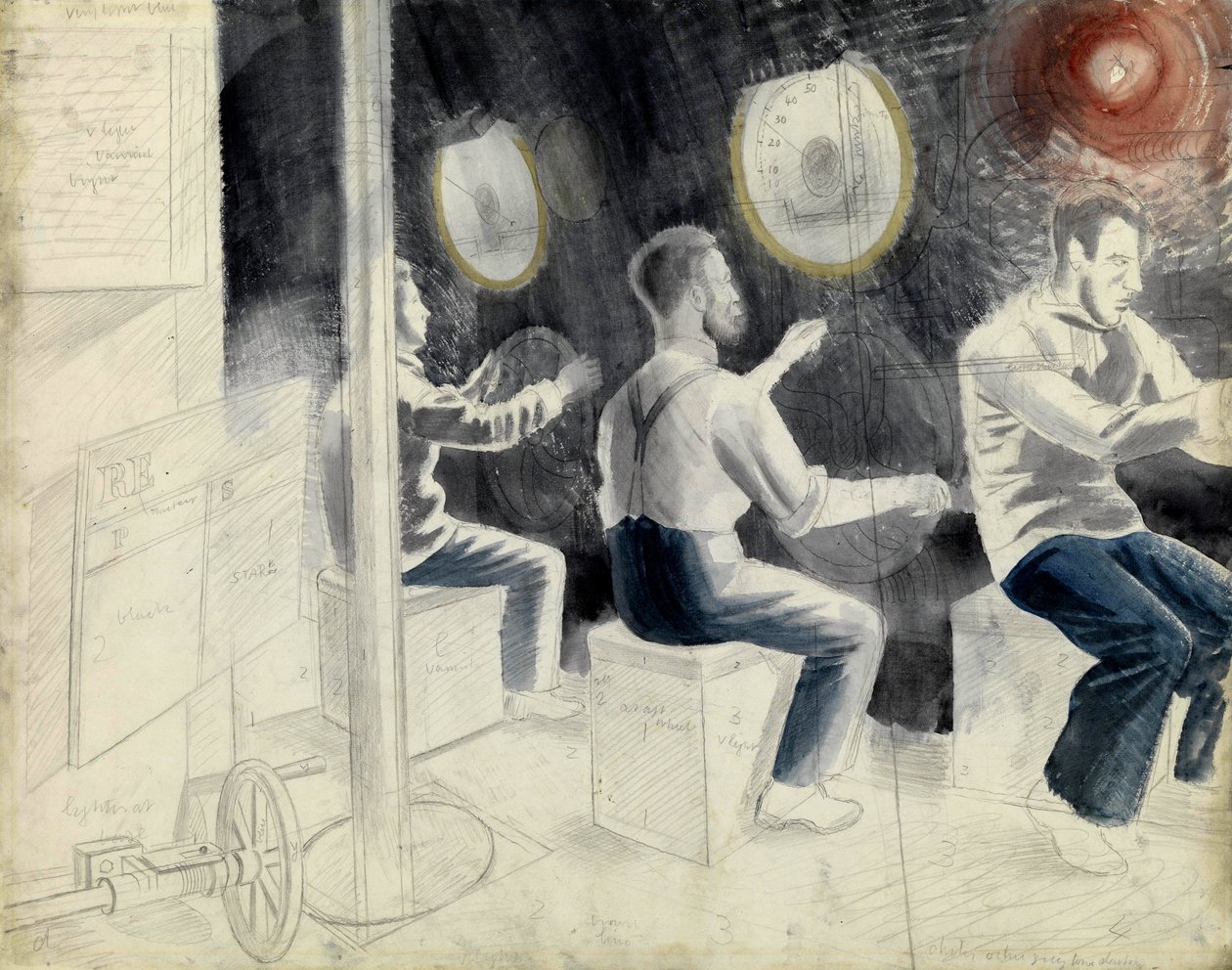 A sala de controlo do mergulho, durante a submersão do submarino. Série a lápis de Eric Ravilious (1903-1942), embarcado num submarino durante a Segunda Guerra Mundial (1939-1945) de Eric Ravilious
