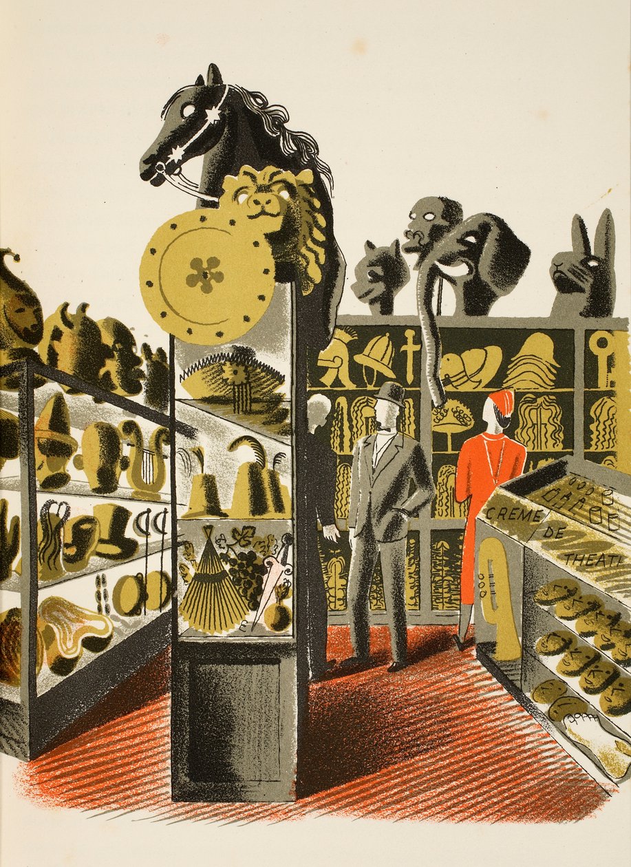 Traje teatral e Prop contratar loja, ilustração de &39;High Street&39; por JM Richards, impresso pela Curwen Press, pub. pela vida do país, 1938 de Eric Ravilious