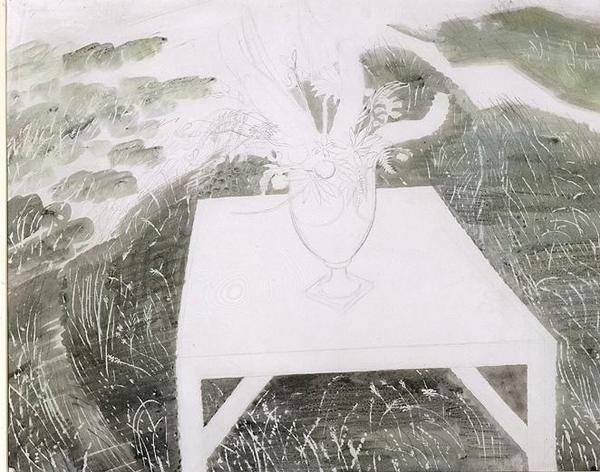Vaso de Flores em um Jardim (lápis e aquarela sobre papel) de Eric Ravilious