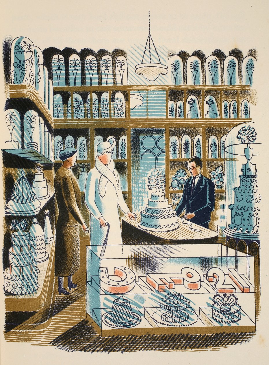 Bolo de casamento, ilustração de &39;High Street&39; por JM Richards, impresso pela Curwen Press, pub. pela vida do país, 1938 de Eric Ravilious