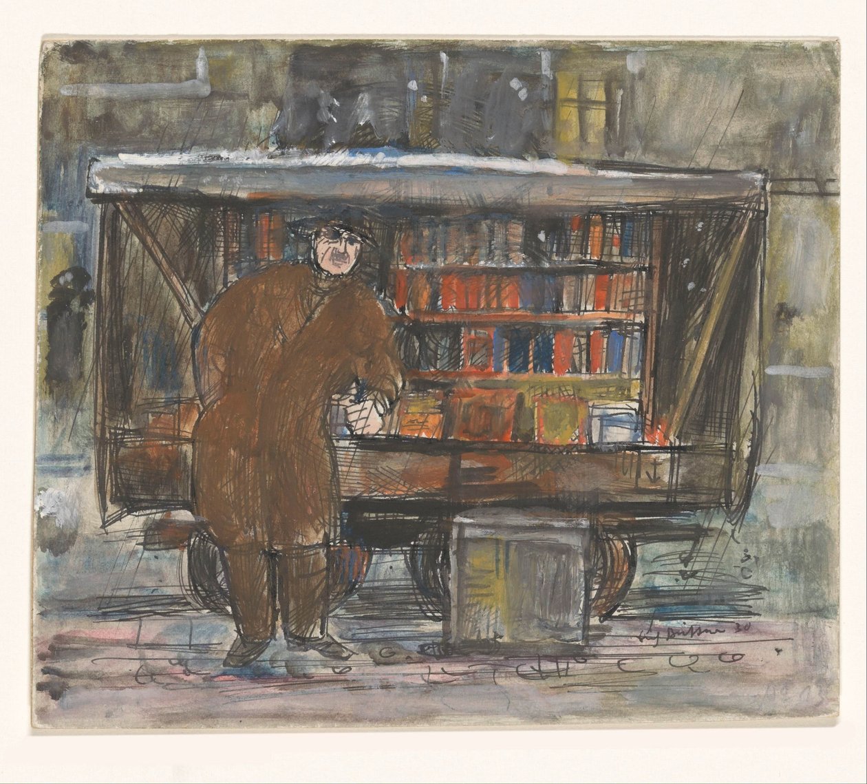 Livraria em frente ao seu carrinho de livros de Erich Büttner (signed by artist)