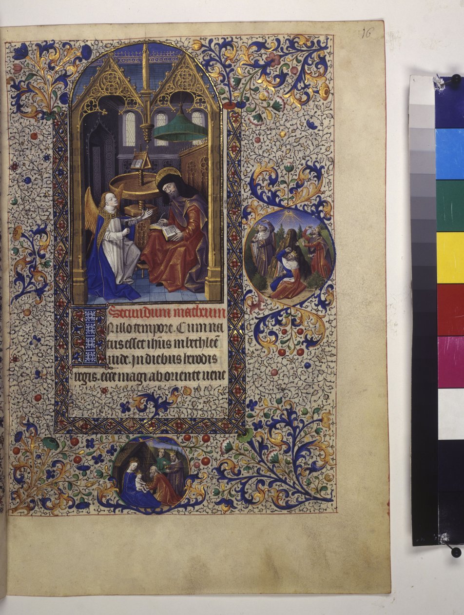 Página inteira: miniatura emoldurada, com texto e inicial a têmpera por baixo de Erich Lessing